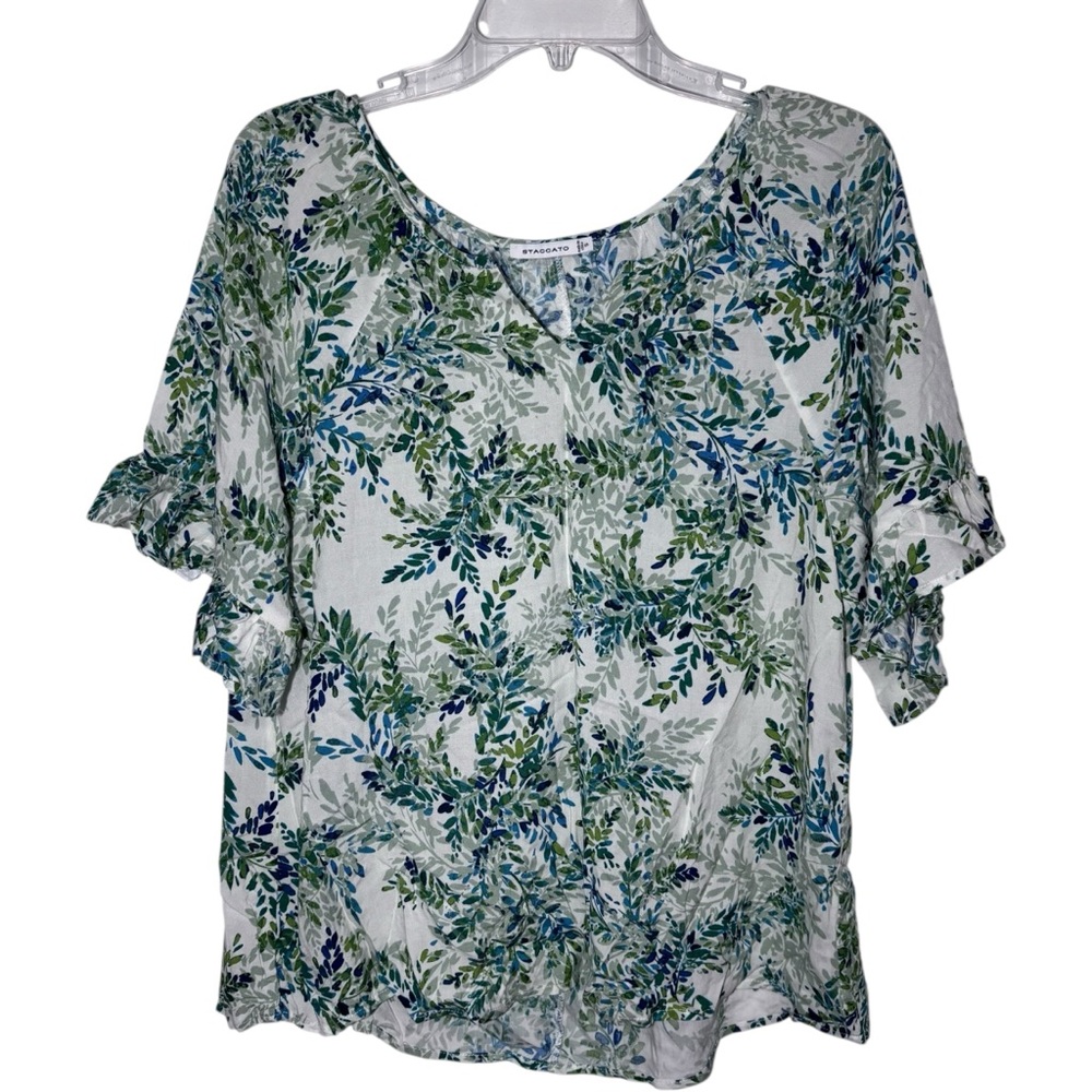 Staccato Leaf Print Ruffle Sleeve Blouse - Women's Small